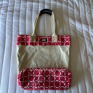 Ame & Lulu Canvas Tote Bag Red White Geometric Print Navy Interior Large